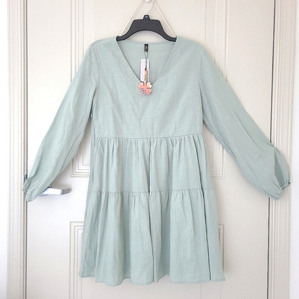 FANCYINN Dress Two Tiered Long-Sleeve Babydoll Shift Mini Mint Green - medium